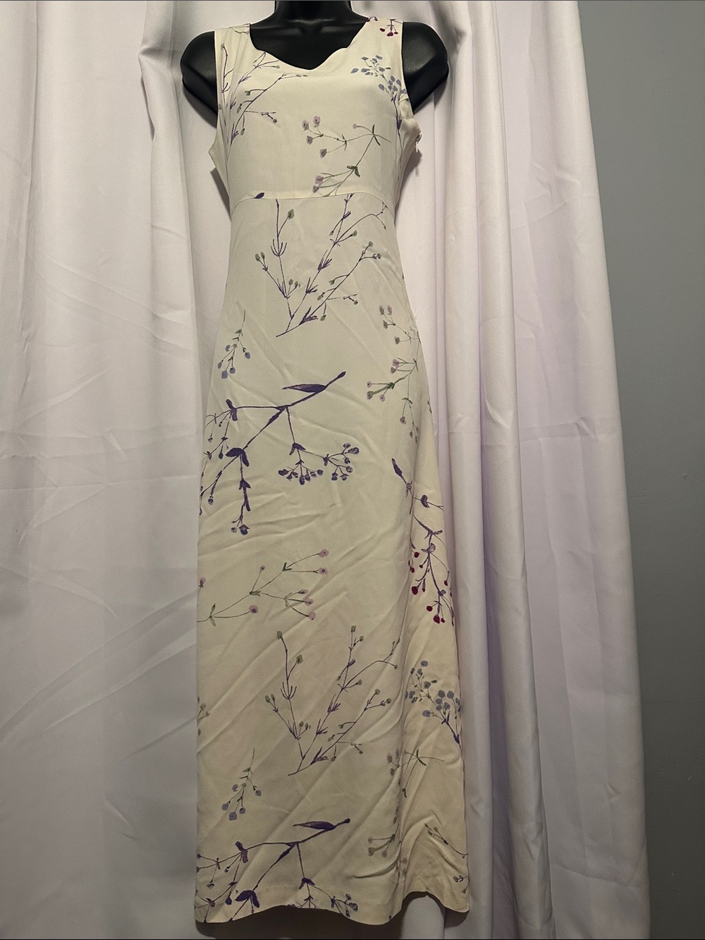 Cream Floral Maxi Dress with Purple Sprig Print VTG small